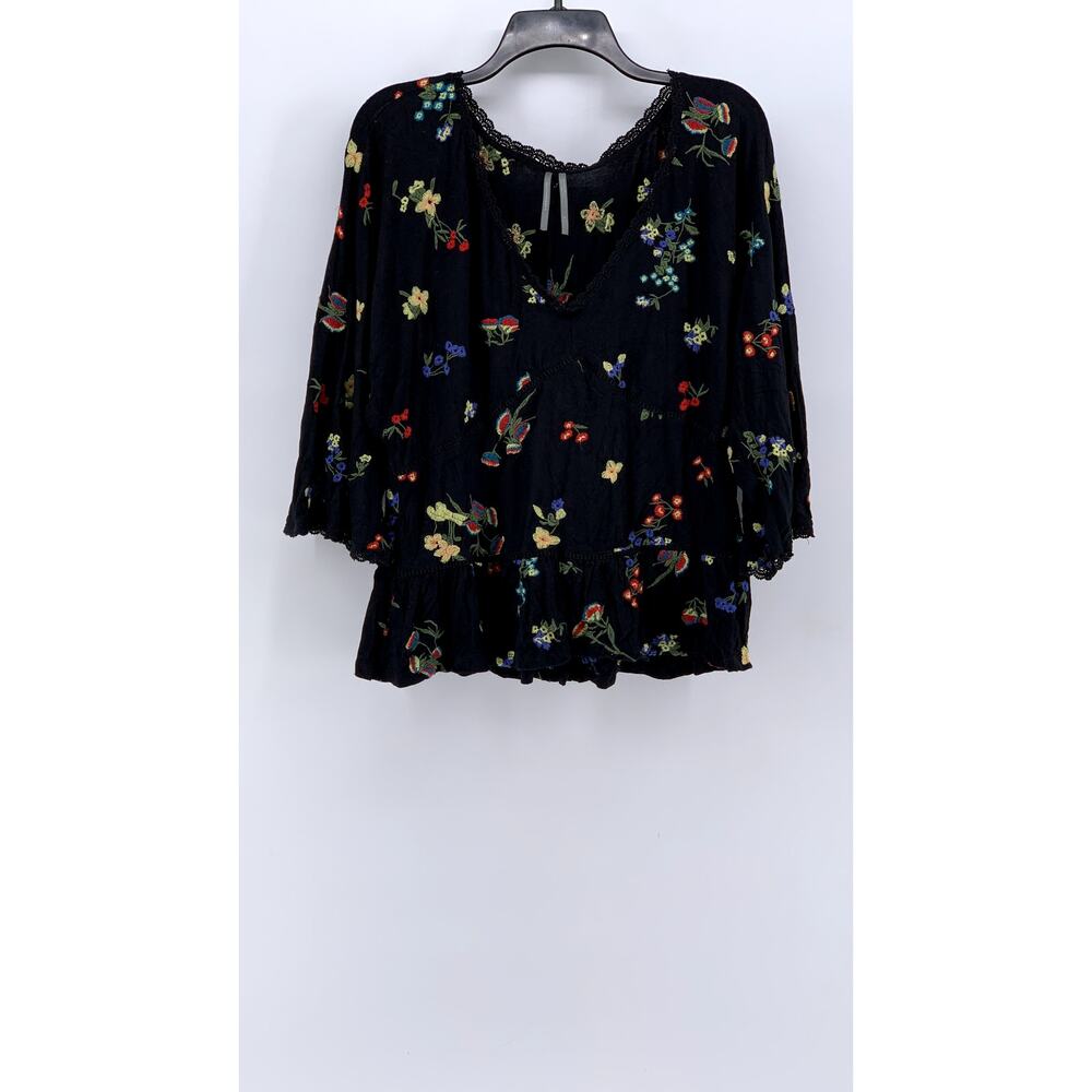 BY ANTHROPOLOGIE Women's Black Floral Lace Trim 3/4 Sleeve Top SZ L